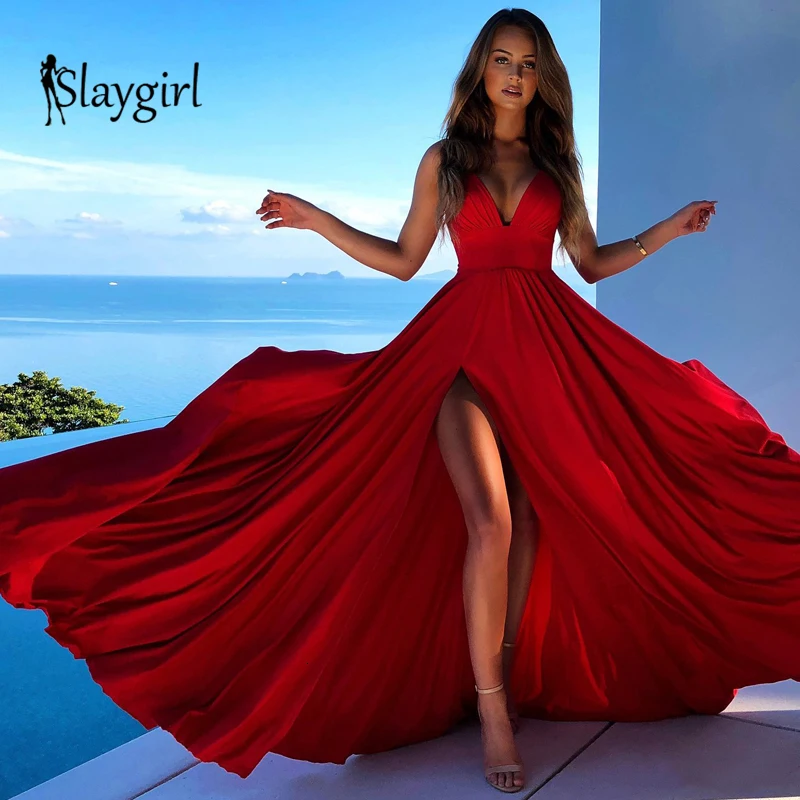 Slaygirl/красные вечерние платья макси для женщин с высоким разрезом; однотонное элегантное платье; пикантные длинные платья на бретельках для ночного клуба; Vestidos; Модная одежда