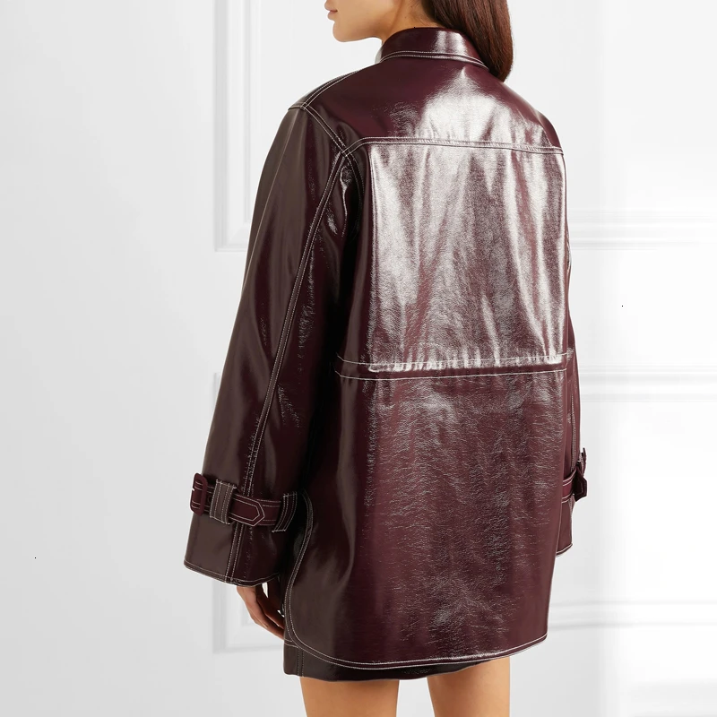 Повседневные женские Куртки из искусственной кожи воротник с лацканами длинный