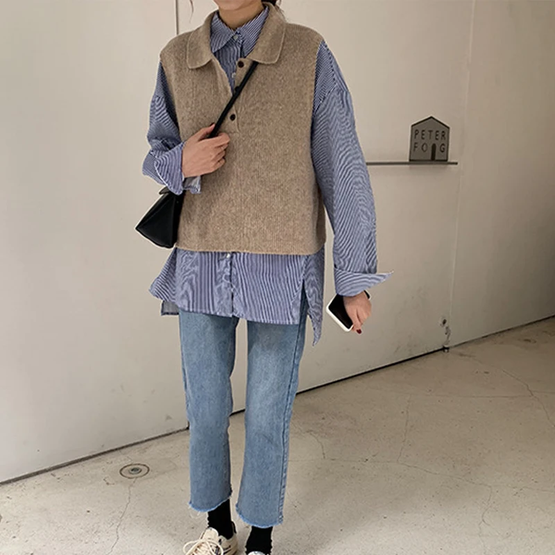 Sleeveless Pullover Vest Women Turn-down Collar Button Up Knitted Sweater Waistcoat Female 2019 Korean Autumn Clothes | Женская одежда
