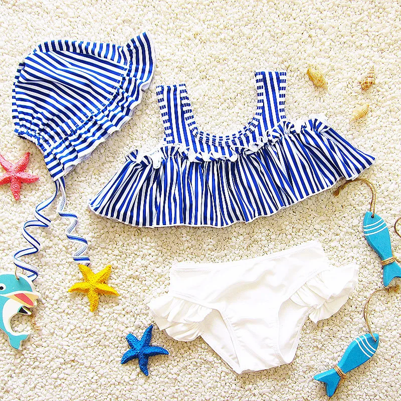 

New Arrivel Korean Version Navy Style Swimsuit for Kids Split and Cute Swim Set for Baby Beach Coverups for Kids Drop Shiping