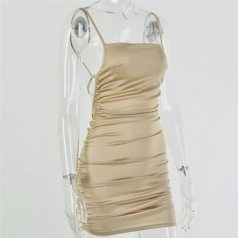 

2021 Women Satin Deep Mini Satin Dress Women Sexy Backless Cross Bandage Bodycon Party Dress Pleated Stretch Short Club Dress