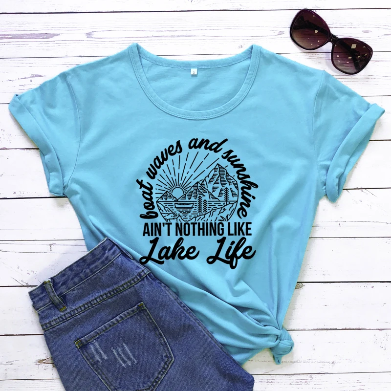 

Boat Waves And Sunshine T-shirt Aesthetic Lake Life Summer Vacation Tee Top Fashion Women Short Sleeve Camping Outdoor Tshirt