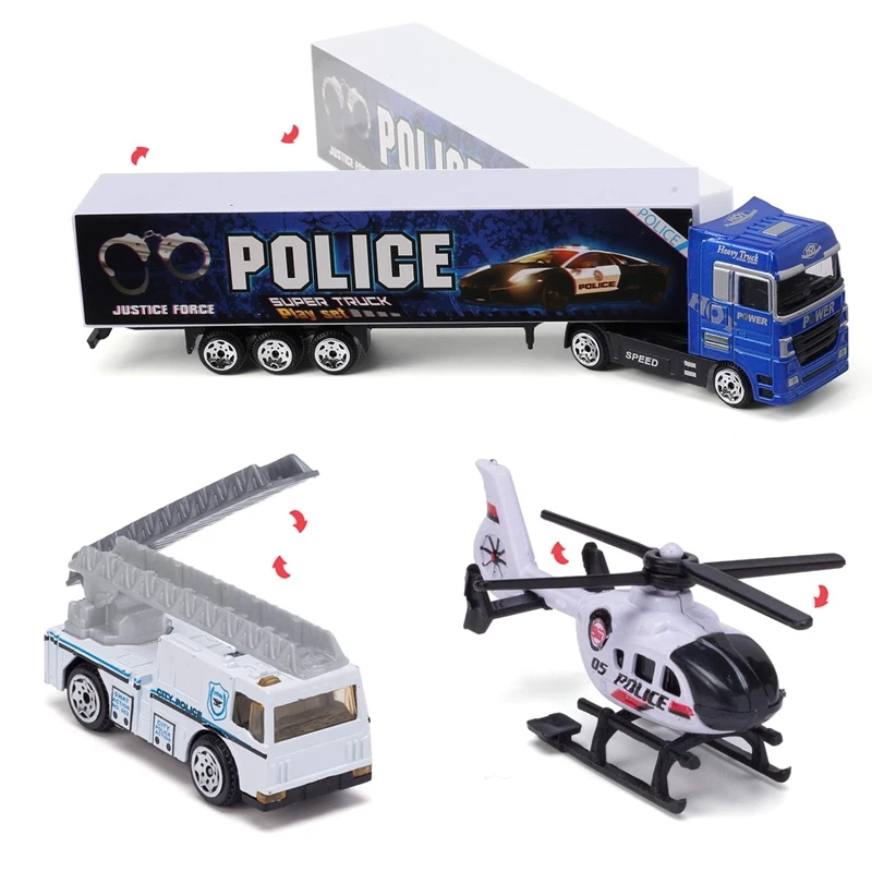 

10-In-1 Police Transport Truck, Mini Die-Cast Toy Car, Loaded Car Toy Set