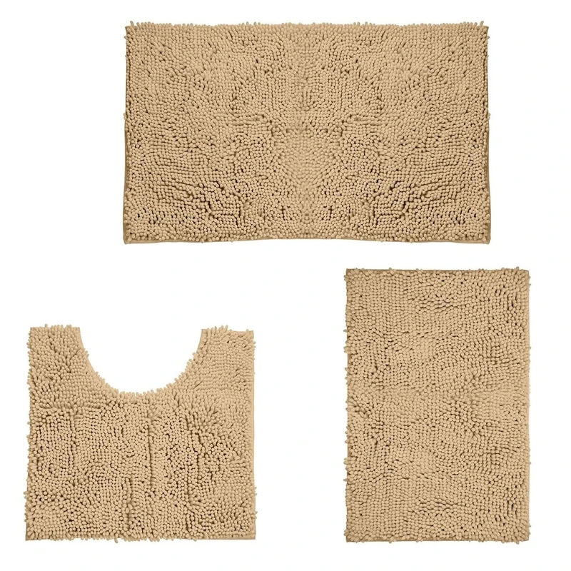 

3Pcs High Quality Skid-resistant Bathroom Rug Set Absorbent Plush Shaggy Chenille U-Shape Contour Toilet Mat