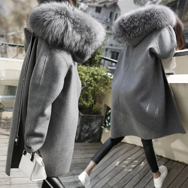 

Fashion loose zipper ladies long coat winter warm full-sleeve hooded women wool coat women gray fur Hooded coat with fur collar