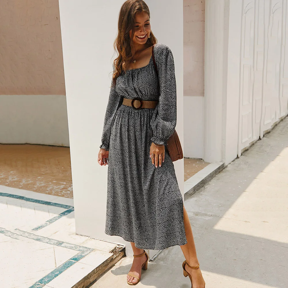 Женское платье макси с квадратным вырезом и цветочным узором в горошек (без