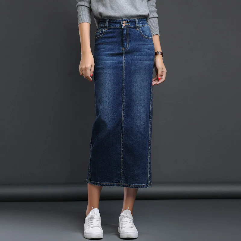 

Denim Midi Skirt With Slit 2021 Autumn Korean Fashion Jeans Skirts Womens High Waist Plus Size Clothes Casual Bottoms For Ladies