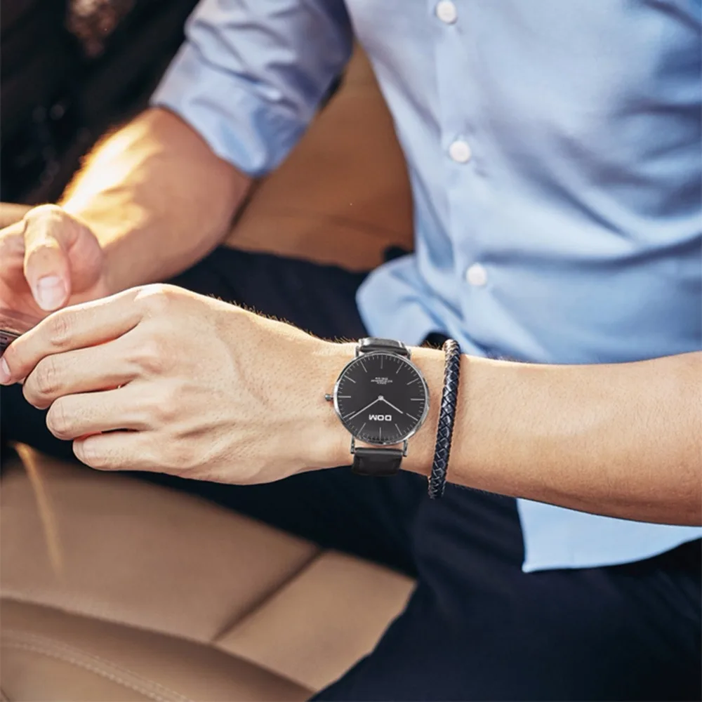 Часы dom мужские Топ люксовый бренд черные Серебряные кожаные кварцевые наручные