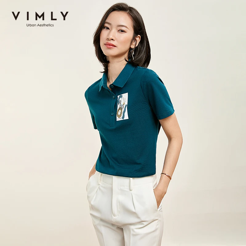 Женская футболка с воротником поло Vimly Офисная модным принтом и коротким рукавом