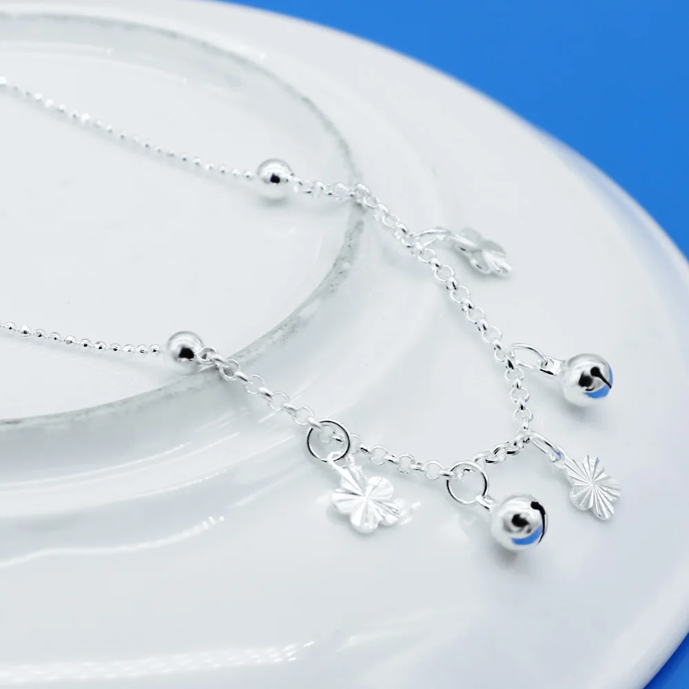 

Simple Women's Original Silver Anklet Charm Flower Bell Ankle Jewelry 925 Sterling Silver Bead Chain Free Gift Box caviglia