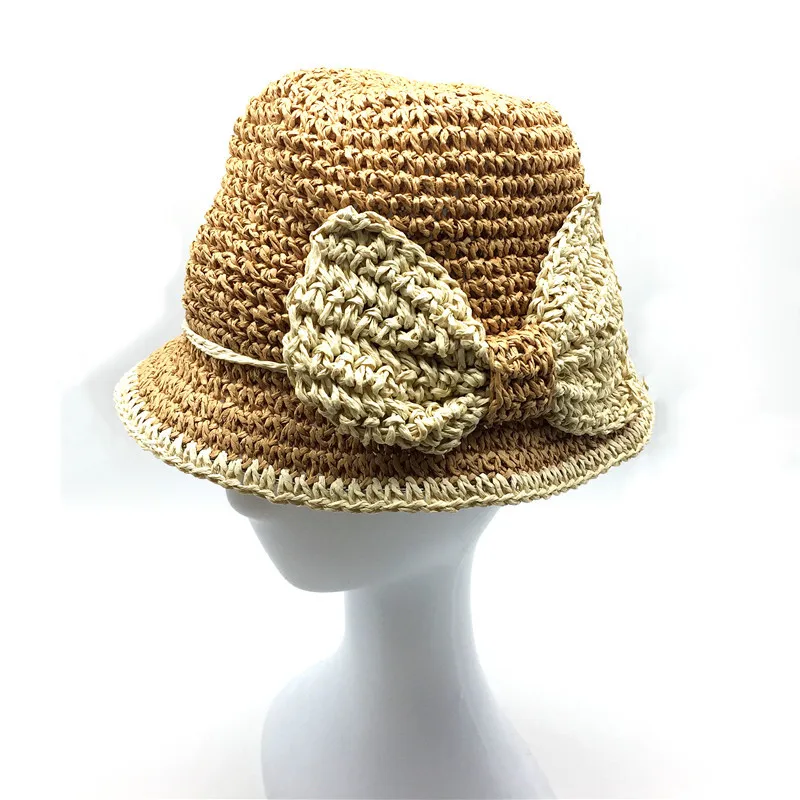 

Kids Beach Foldable Paper Boater Pink Straw Hat Children Little Girls Bow Band Natural Summer Handmade Floppy Straw Hat