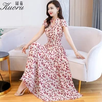 yellow women chiffon summer dress vestido floral maxi boho red short sleeve casual robe femme chic size m 4xl dresses for party