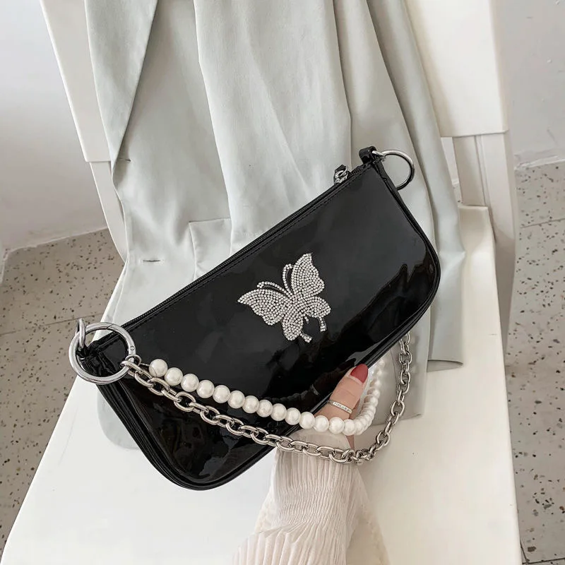 

Vintage Black Baguette Handbags Shoulder Bag for Women Fashion Girls Butterfly Chain Armpit Bag Patent Leather Crossbody Bags