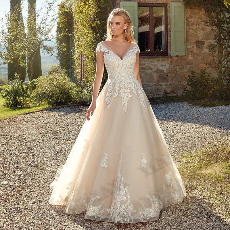 Stunning Aline V Neck Backless Wedding Dresses Gown Appliques Sposa Vestidos Bridal Party Suit Robe De Mariée Customised