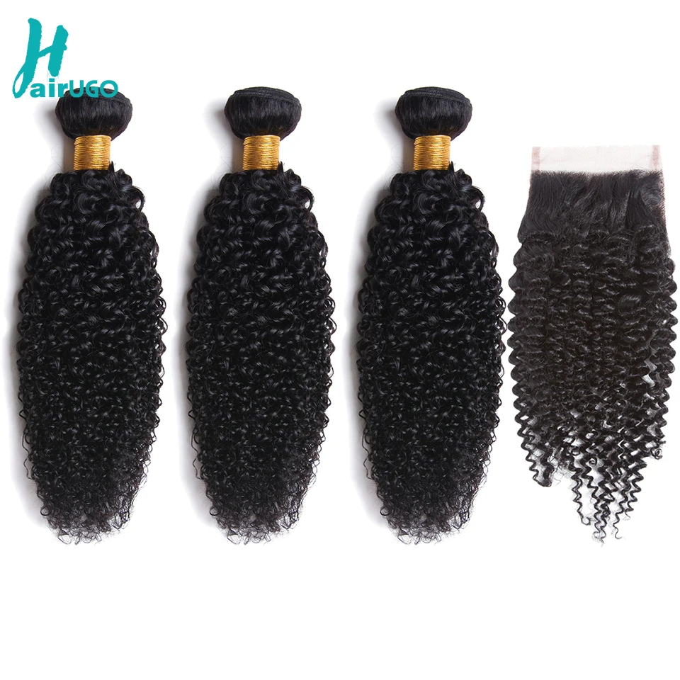 Peruvian Hair Bundles With Closure Kinky Curly Lace Closure With Bundles Non-Remy Human Hair Weaving With Closure Double Weft