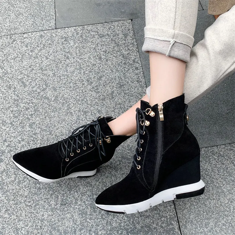 

Fashion Sneakers Women Genuine Leather Wedges High Heel Ankle Boots Female Lace Up High Top Pointed Toe Platform Pumps Shoes