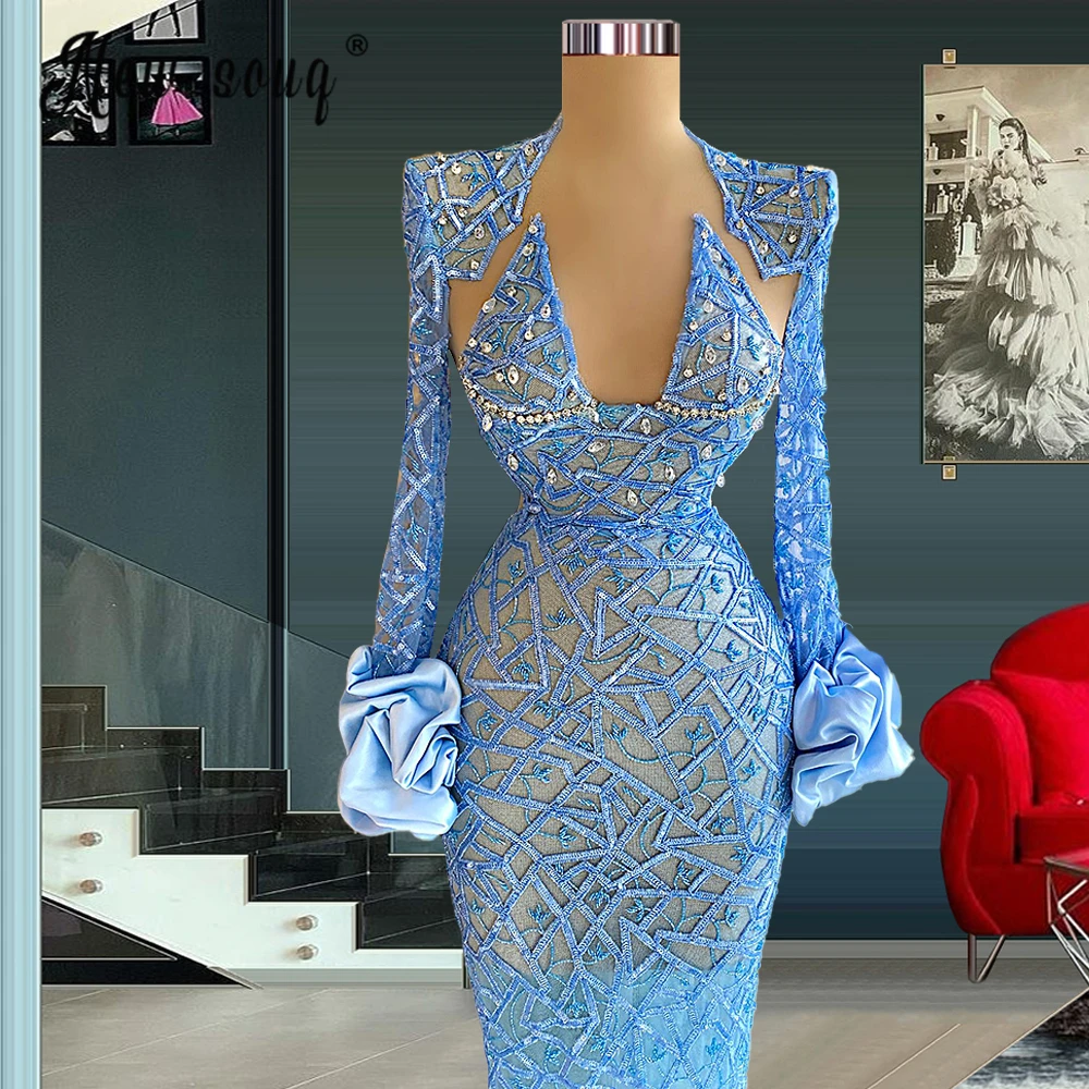 

Fashion Sky Blue Full Sleeve Mermaid Sparkly Prom Dresses 2021 Deep V Neck Rhinestones Evening Party Gowns for Women Long Robe