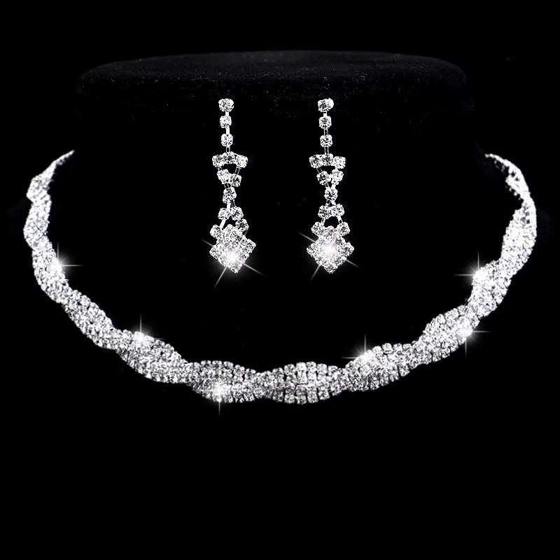 silver color TREAZY серебряный цвет Свадебный комплект ювелирных изделий сверкающий горный хрусталь кристалл твисти колье ожерелье серьги комплект Шарм Свадебный комплект ювелирных изделий - Окраска металла: silver color