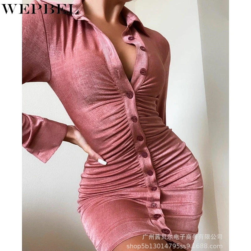 

WEPBEL Slim-Fit Pleated Dress Women's High Waist Dress Autumn Long Sleeve Solid Color Single-Breasted Turn-down Collar Dress