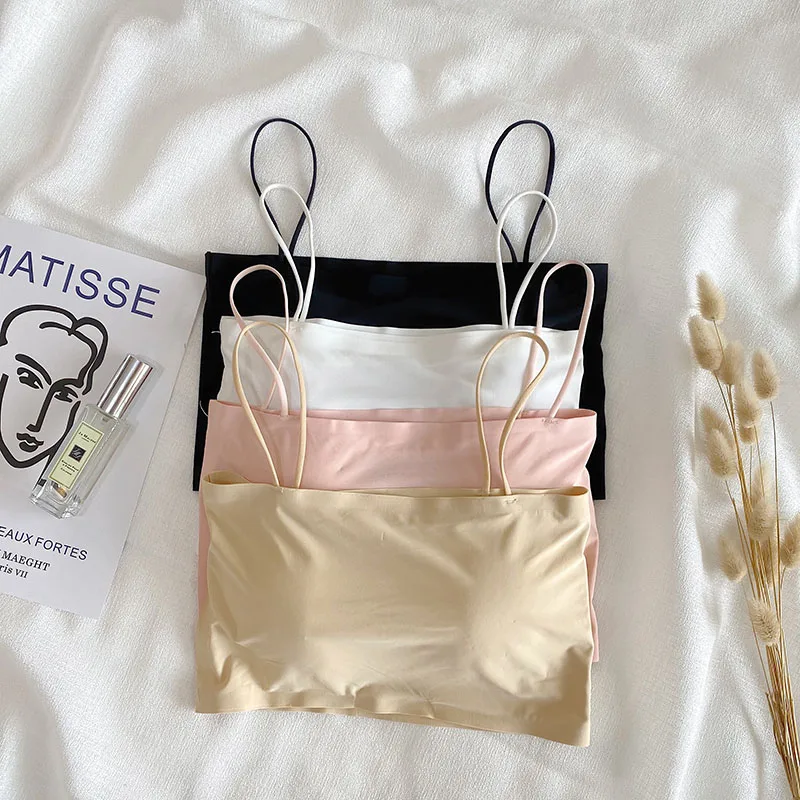 

Весна 2021, новинка, беспроводное шелковое женское нижнее белье-бандо на тонких бретелях, красивая спина, студенческое нижнее белье с внутрен...