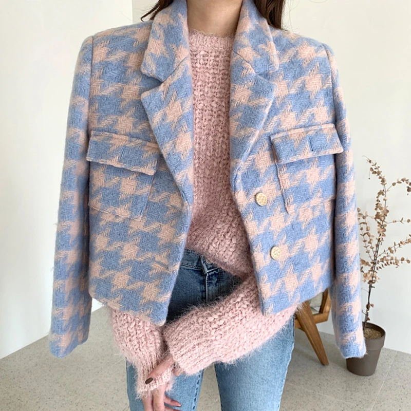 

Autumn Winter Quilted Wool Blends Loose Notched Blue Bird Lattice Coat Women Tweed Long Sleeve Plaid Jacket Crop Woolen Retro