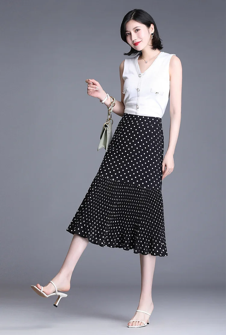 

2021 Summer Women High Waist Splice Pleated Slim Plus Size Dot Fishtail Skirt Office Lady Elegant Bodycon Casual Skirts 2080