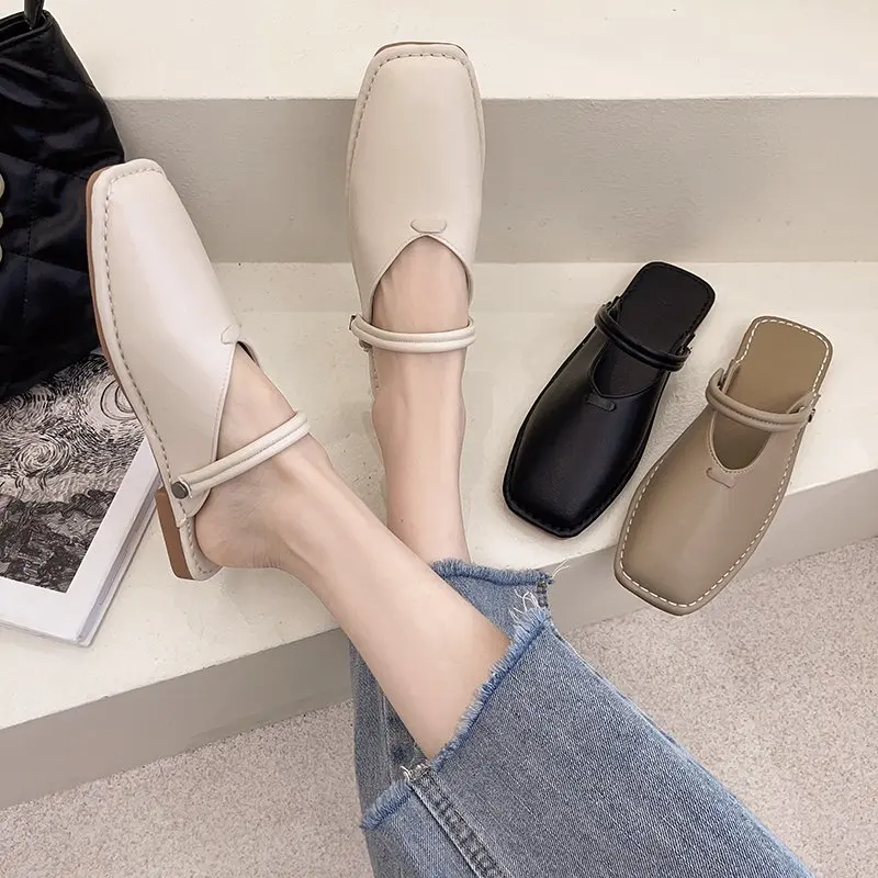 

Женские мюли из ПУ кожи, на плоской подошве, с квадратным носком