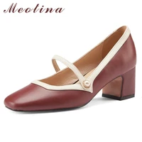 meotina genuine leather high heel pumps women mary janes shoes square toe thick heels footwear pearl ladies shoes spring beige