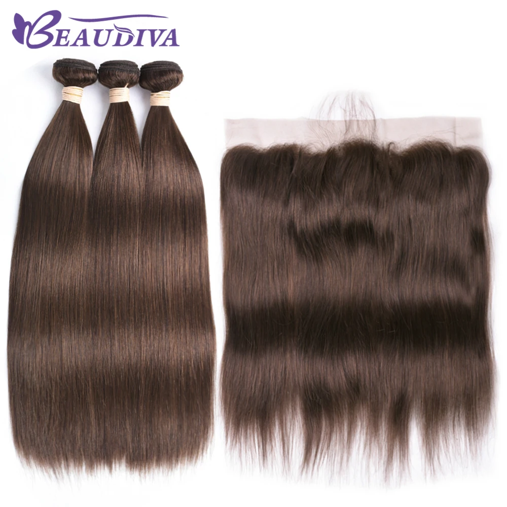 Beaudiva ухо до уха Кружева Фронтальная Закрытие 13X4 часть с 3 шт.#4 цвет бразильские прямые волосы remy пряди