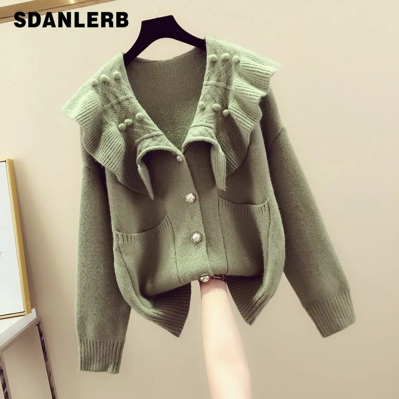 

Осень-зима 2021, свободная верхняя одежда в Корейском стиле, кардиган с милым меховым помпоном и кукольным воротником, свитер, женская модная ...