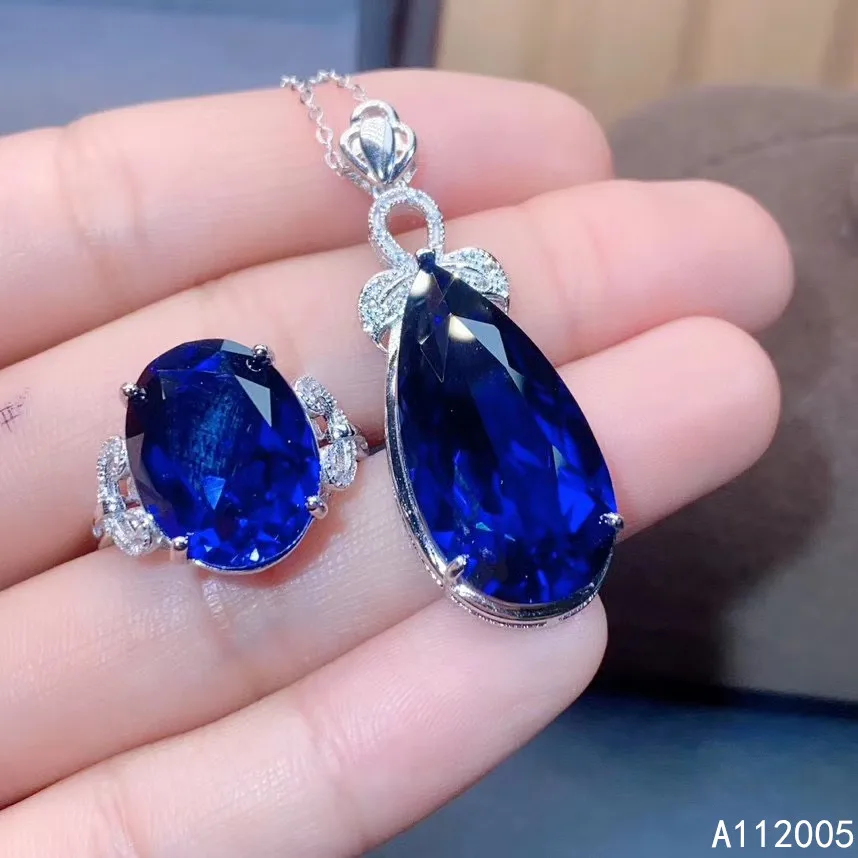 KJJEAXCMY Fine Jewelry 925 sterling silver inlaid natural gemstone sapphire female ring pendant set popular supports test
