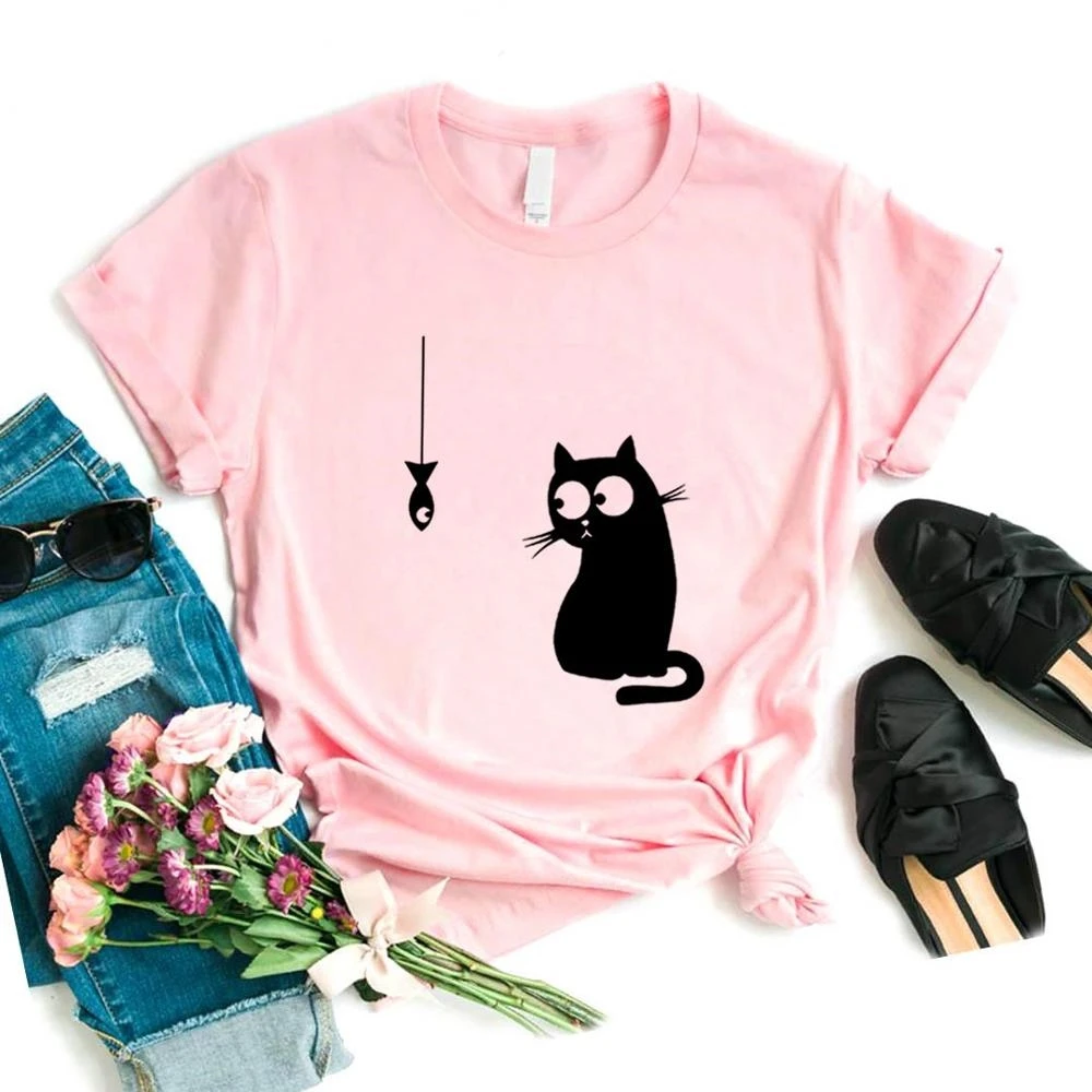 

Cat And Fish Print Women Tshirts Casual Funny t Shirt For Lady Yong Girl Top Tee 6 Color
