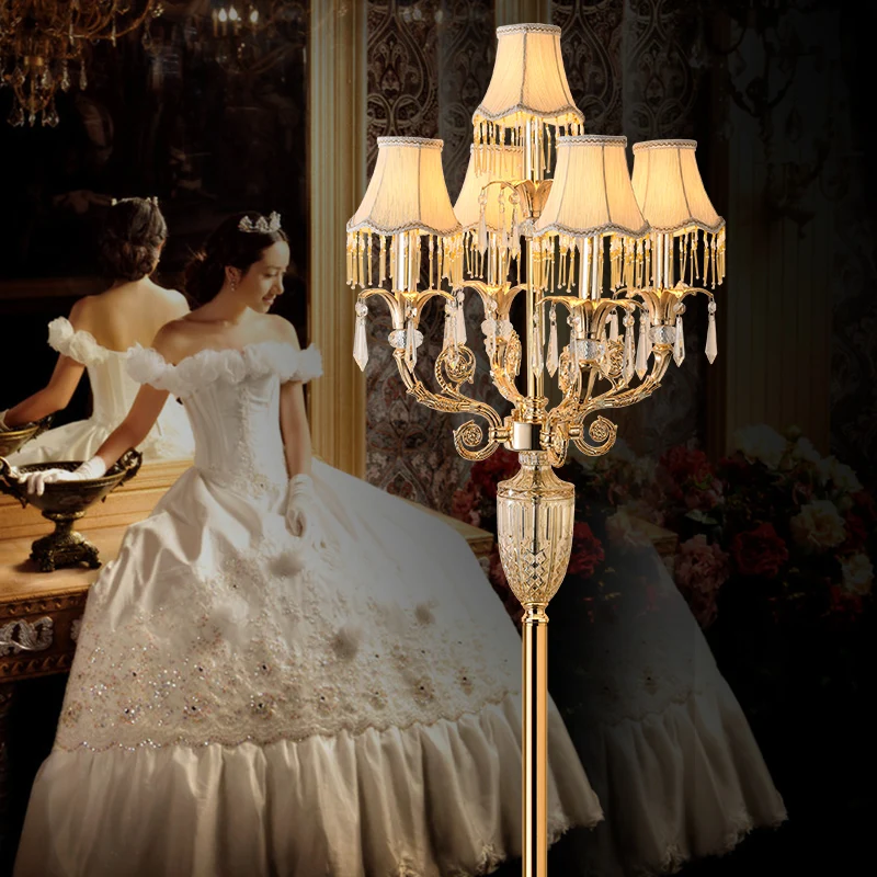 Modern luxury led crystal Floor Lighting Gold Led candle holder floor lamp Cloth shade 5 pcs E14 wedding Crystal candlestick|Напольные