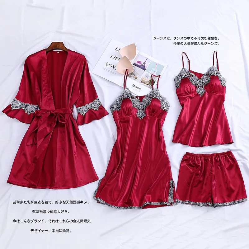 

Satin Women Homewear 5PCS Suit Sleepwear Spring Summer New Home Clothing Soft Kimono Bathrobe Gown Nightwear Intimate Lingerie