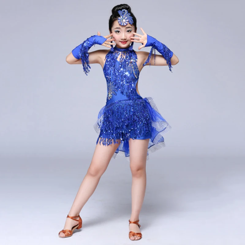 Платье с бахромой и блестками для сальсы Детские платья Одежда латинских танцев