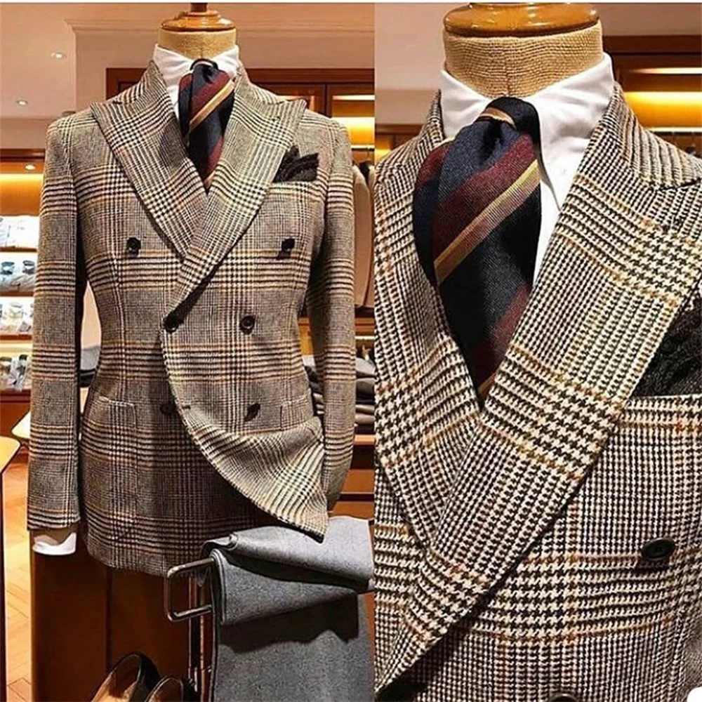 

Costume Homme Mariage Handsome Houndstooth Slim Fit Tweed Blazers Wool Tuxedos Peak Lapel Double Breasted Men Suits For Wedding
