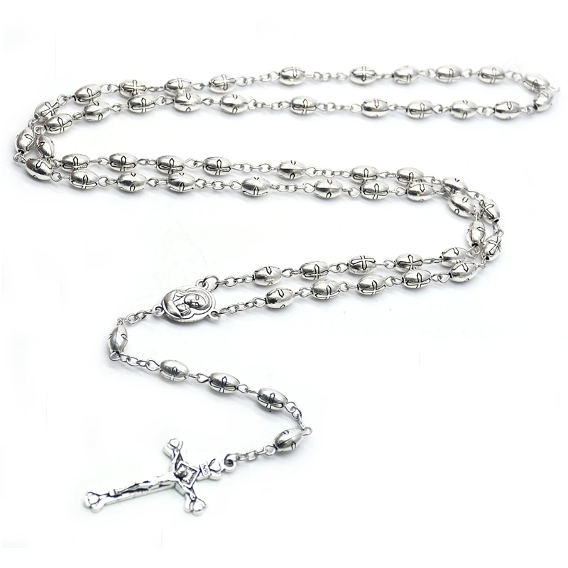 

QIGO Antique Alloy Beads Cross Rosary Necklace For Men Women Religious Long Pray Jewelry