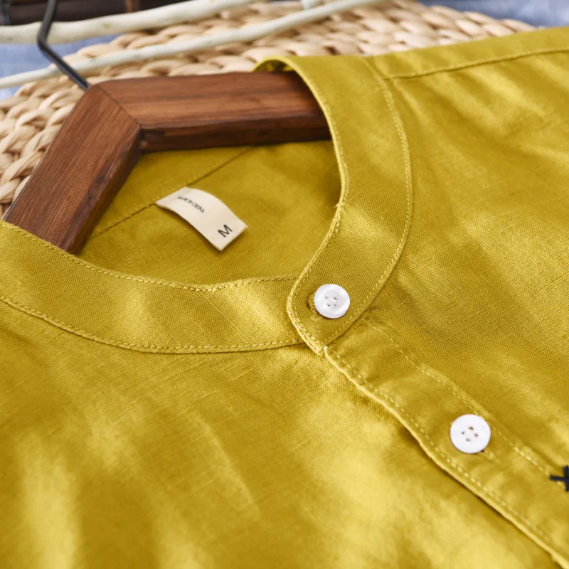 

2021 men's stand collar short sleeve linen cotton with pocket white yellow gray color causal summer shirt for men