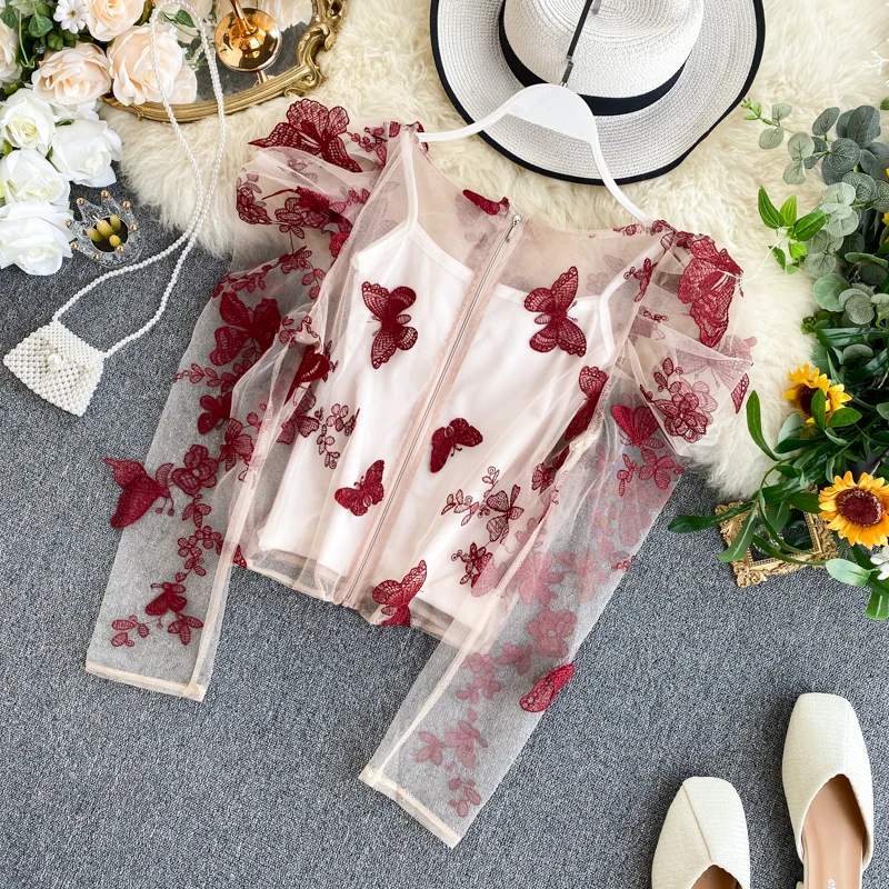 

Woman Shirts Long Puff Sleeve O-neck Vintage Short Shirt Embroidery Hollow Out Office Lady Elegant Female Shirts 2020 Fashion