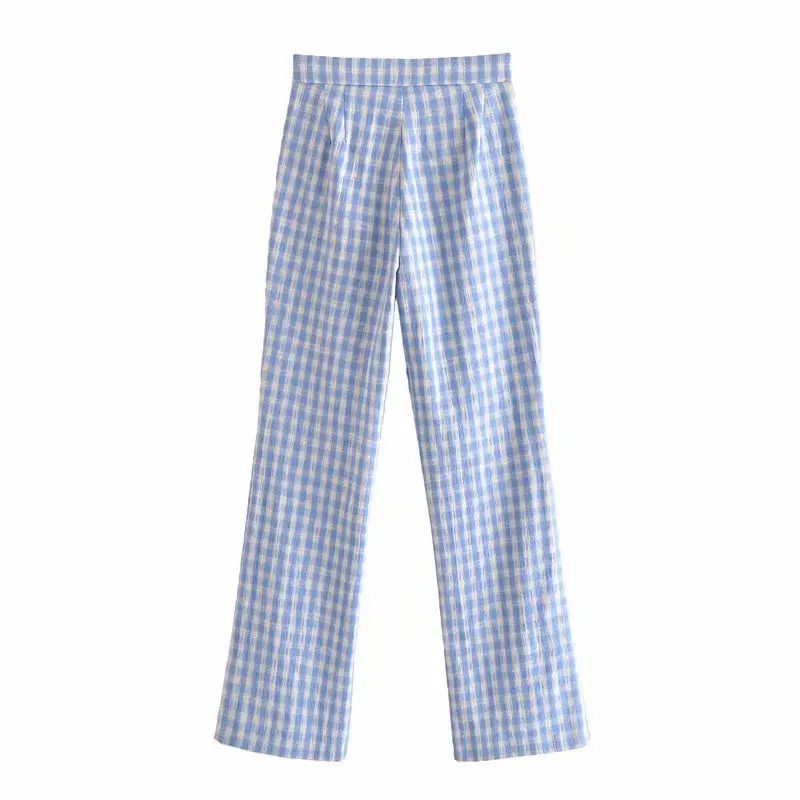 

High Quality Summer Women's Short Blue and White Plaid Short-sleeved Blouse Top Mini Flared Pants Trousers Suit