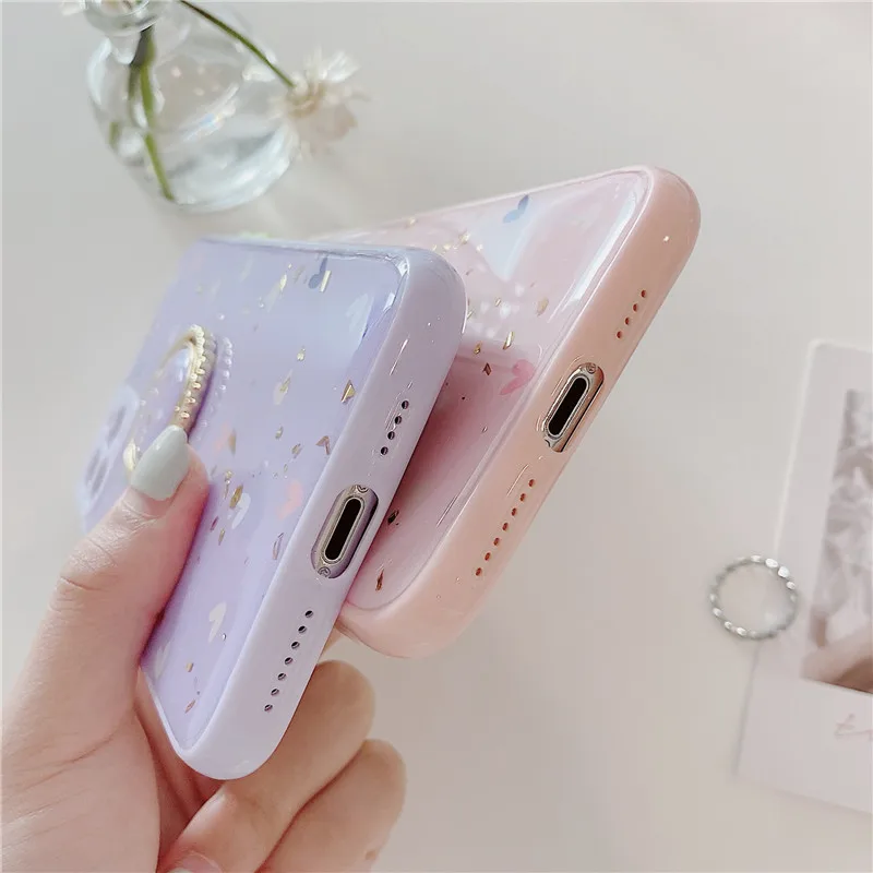 

Fashion Ring Stand Gold Foil With Love Heart Phone Case For iPhone SE 2020 XS MAX XR X 8 7 Plus 12 Mini 11 Pro MAX Back Cover