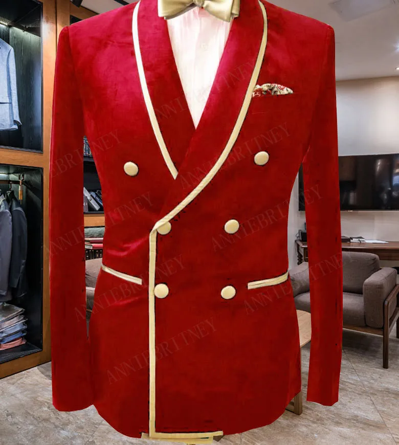 

Double Breasted Slim Fit Men Suit with Gold Lapel Velvet Prom Wedding Tuxedo Set Red Jacket with Black Pants 2022