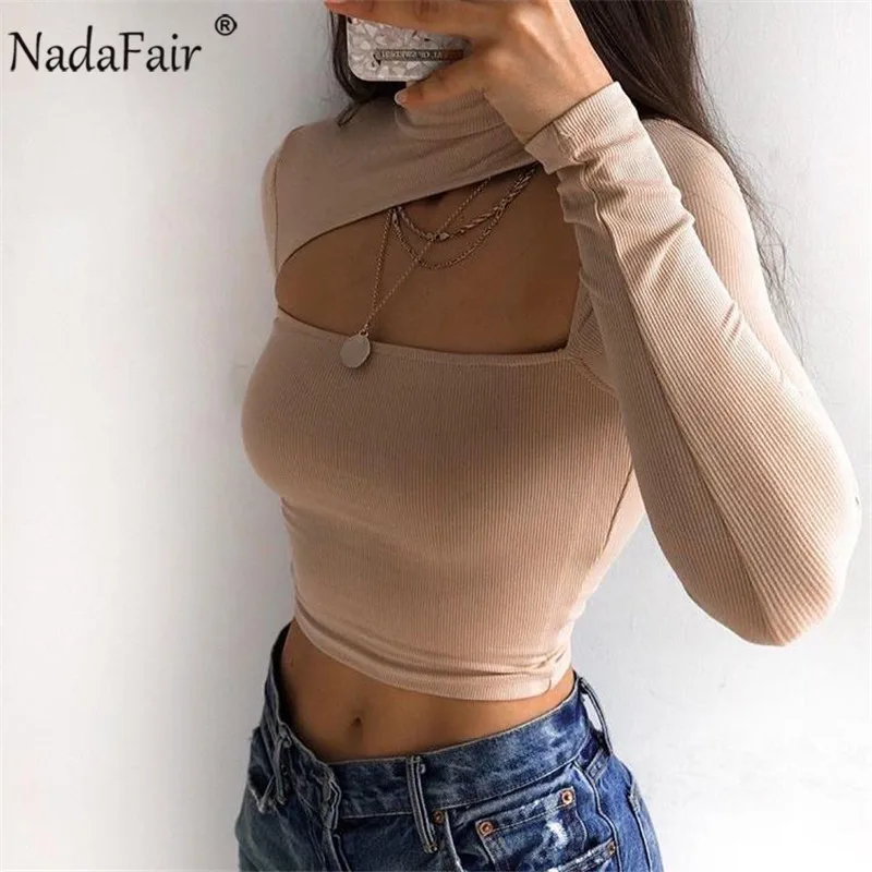 Nadafair вязанные открытые сексуальные топы кроп женские футболки с воротником