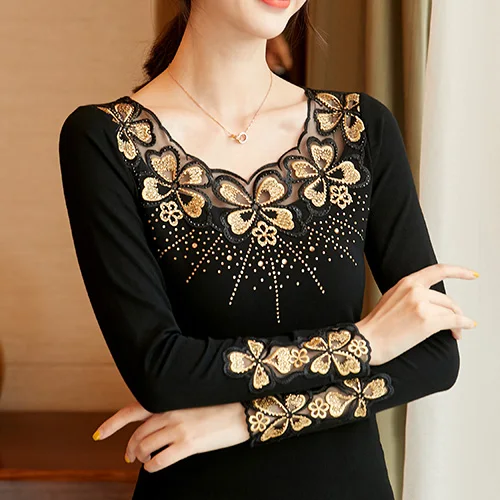 Black-Gold Blusas mujer de moda, Осенние сетчатые топы с длинными рукавами и вышивкой, модная Повседневная Блузка с бриллиантами, рубашка, большие размеры - Цвет: Black-Gold