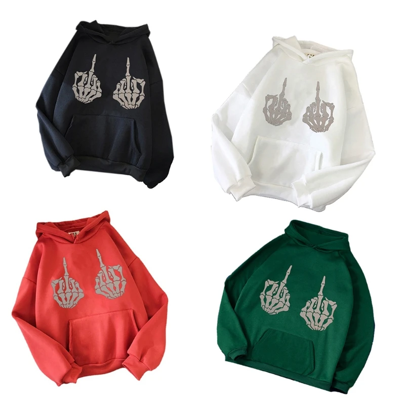 

U2JF Women Gothic Long Sleeve Hoodies Skeletal Middle Finger Graphic Sweatshirt Tops