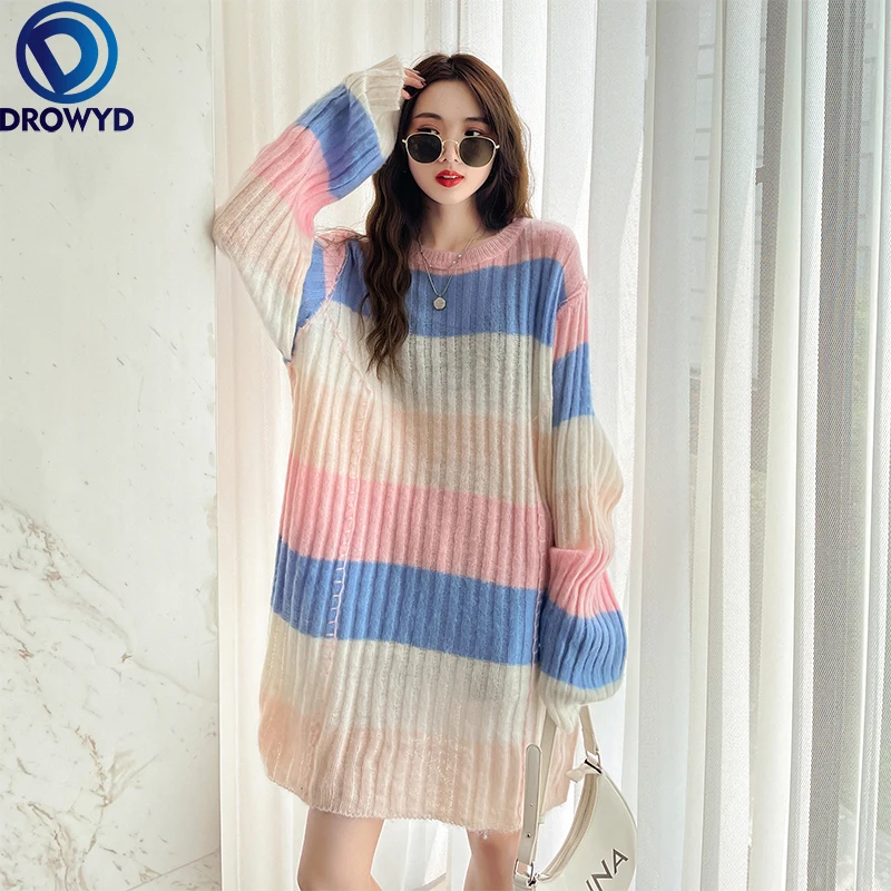 

2021 Autumn New Rainbow Striped Knitted Mini Dress Long Sleeve Korean Fashion Loose Sweater Party Dress Vestidos De Mujer Casual