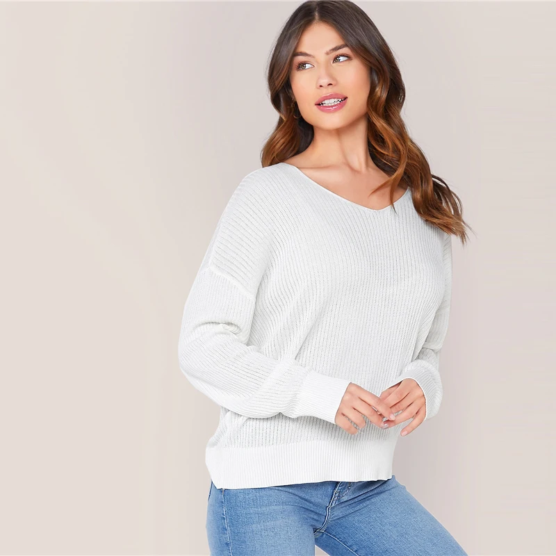 SHEIN белый Однотонный свитер с v-образным вырезом и открытыми плечами женские топы осенние Повседневные базовые офисные женксие кофты с длинными рукавами