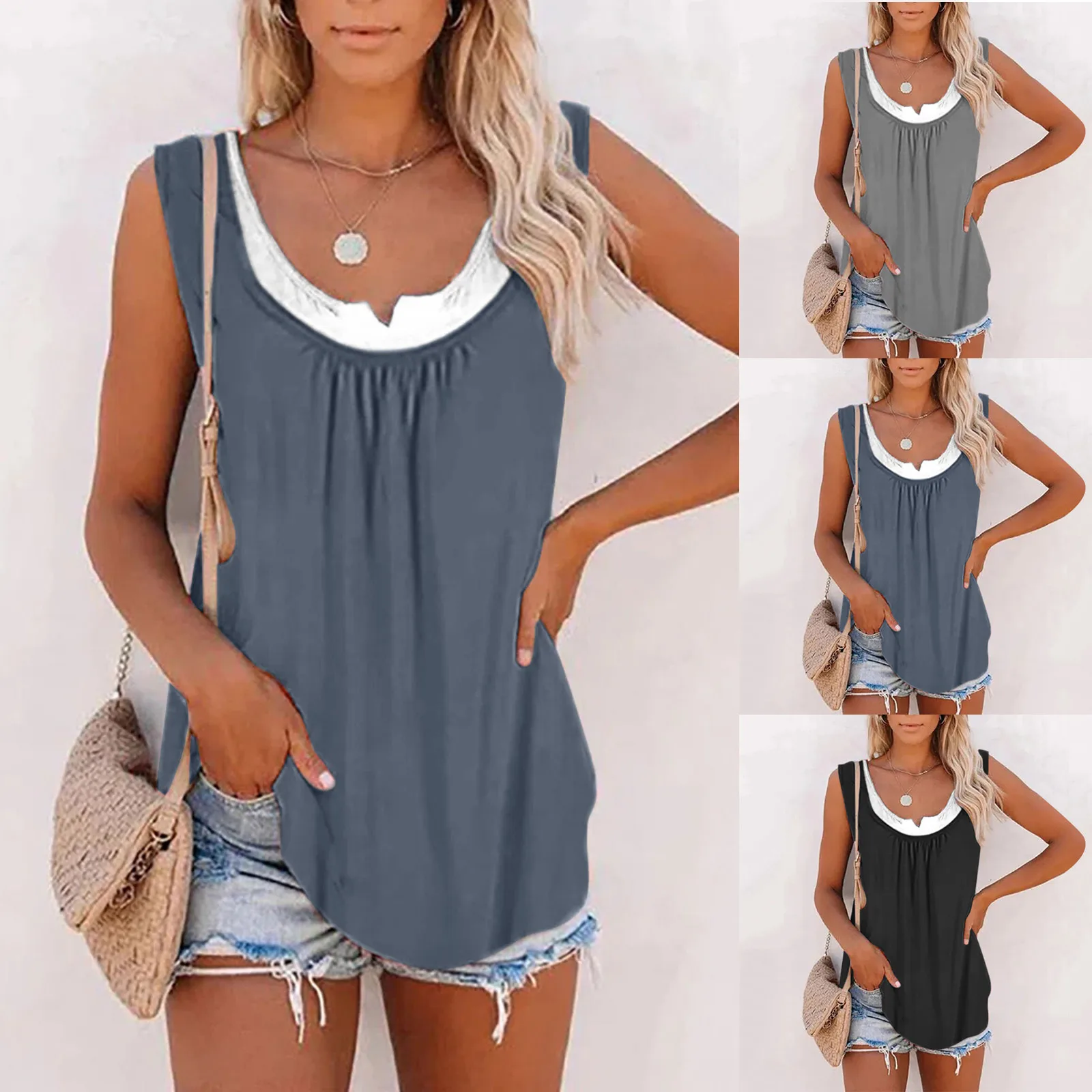 

Tops Womens Prints Fake Two Piece Sleeveless Tops Summer Casual Loose Tee Shirts Blusa De Frio Feminina Ropa Mujer Футболка Y2k