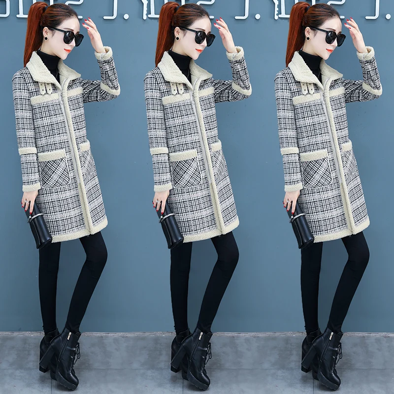 2019 Розовый Ретро Тонкий Хаундстут пальто осень и зима плюс бархат утолщение