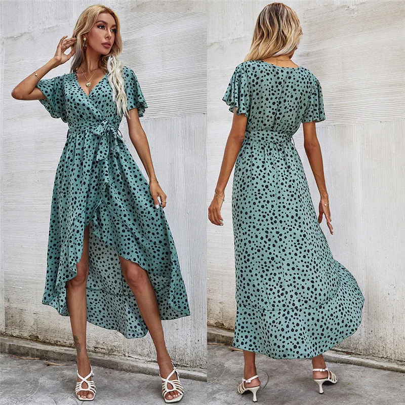 

Elegant Woman's Summer Bohemia Print Tunic Dress Irregular Bandage V-Neck Short Sleeve High Waist Robe Slim Summer Dresses
